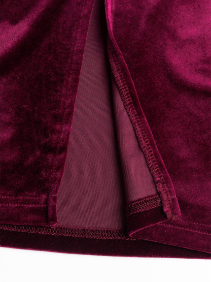 Women's Burgundy Velvet Pearl-Sleeve Bodycon Midi Dress-Aegean-sea