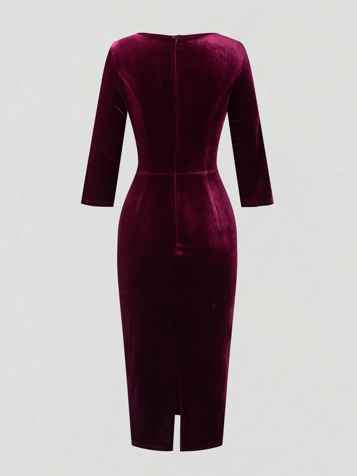Women's Burgundy Velvet Pearl-Sleeve Bodycon Midi Dress-Aegean-sea