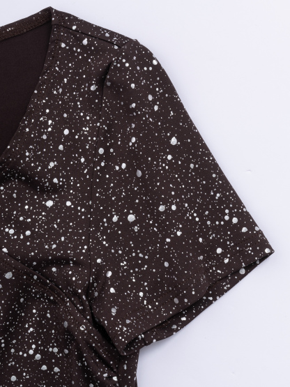Dark brown sequined slant-collared sheath skirt, party short skirt