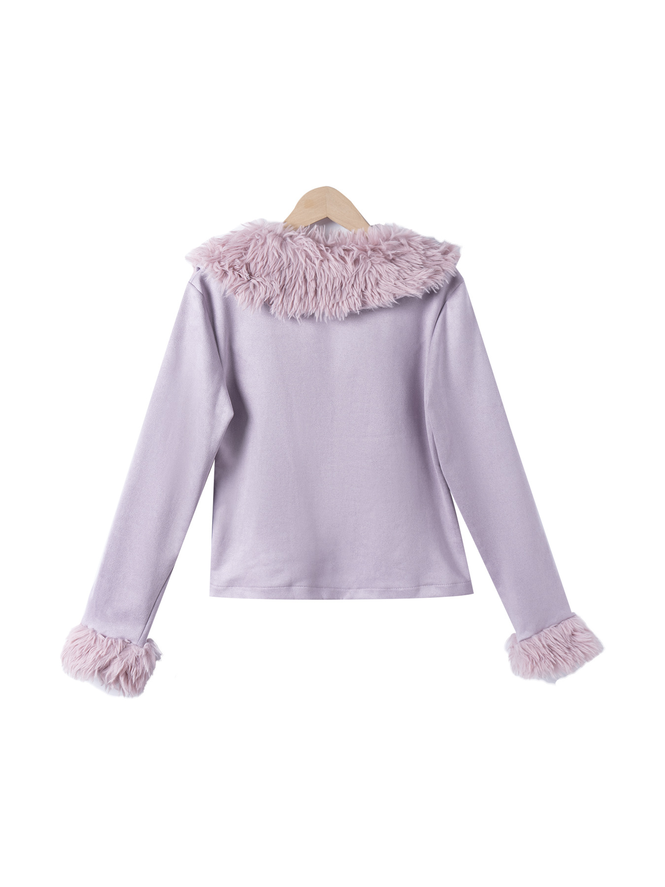 Chaqueta ajustada de color lavanda para mujer con cuello, puños y cremallera delantera de piel esponjosa-Aegean-sea