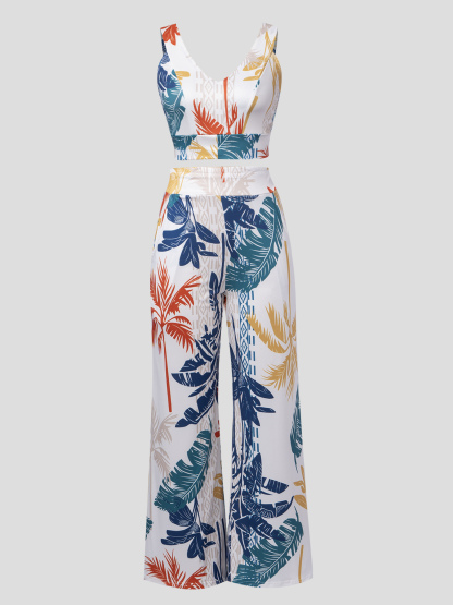 Tropical Print V-Waist Set, Vacation Geometric Vest Two-Piece