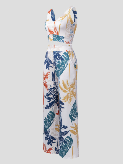 Tropical Print V-Waist Set, Vacation Geometric Vest Two-Piece