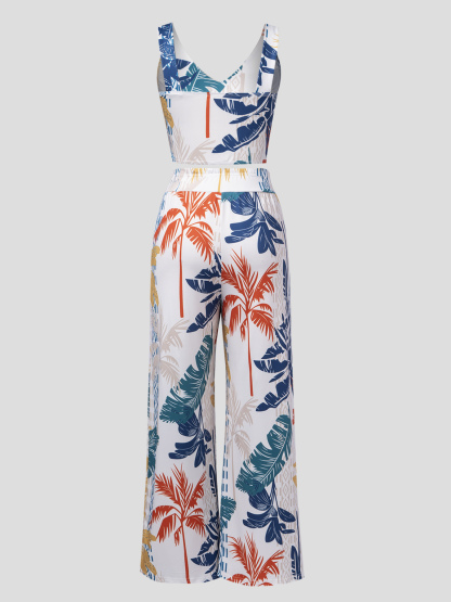 Tropical Print V-Waist Set, Vacation Geometric Vest Two-Piece