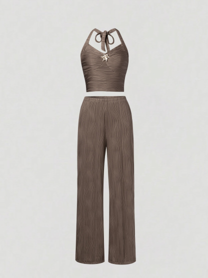 Brown Water Ripple Pattern Chest-Hanging Wide-Leg Set