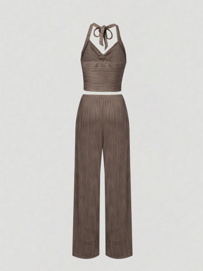 Brown Water Ripple Pattern Chest-Hanging Wide-Leg Set