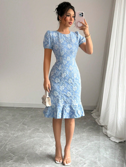 Blue flowered bubble sleeve and hip skirt, frilly dress