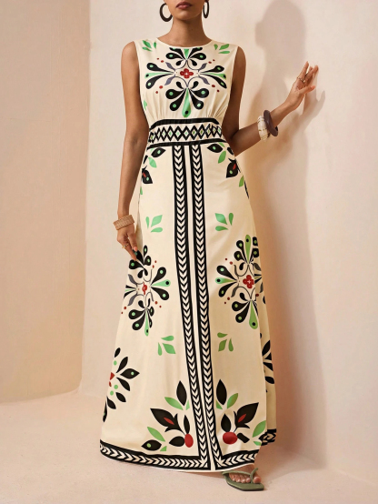 2026 Spring New Sleeveless Art Print Maxi Dress