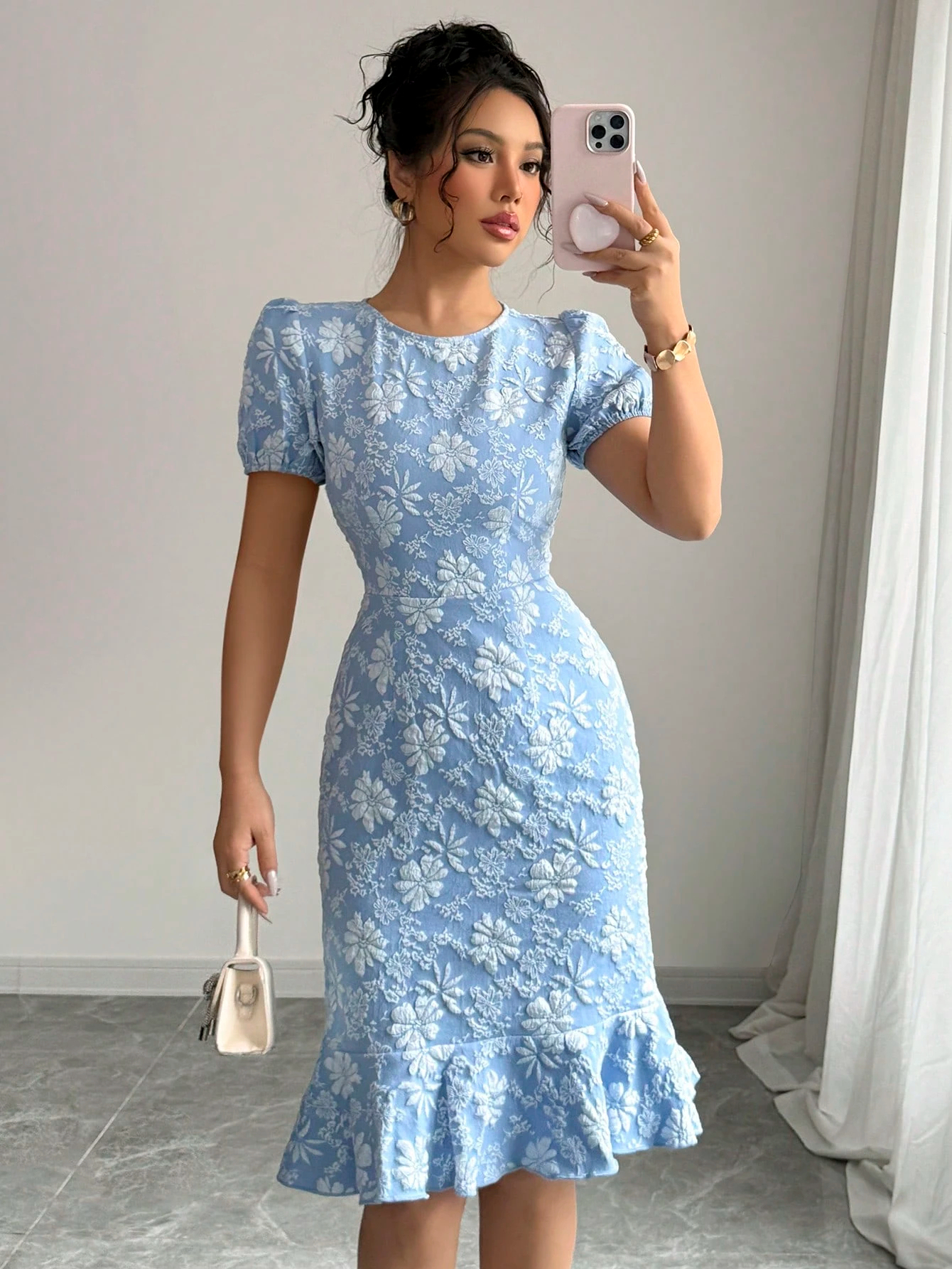 Blue flowered bubble sleeve and hip skirt, frilly dress