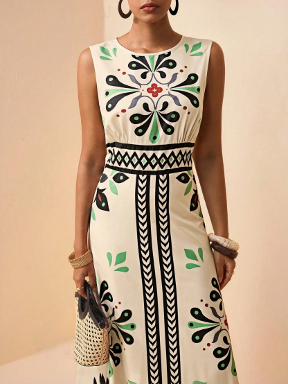 2026 Spring New Sleeveless Art Print Maxi Dress