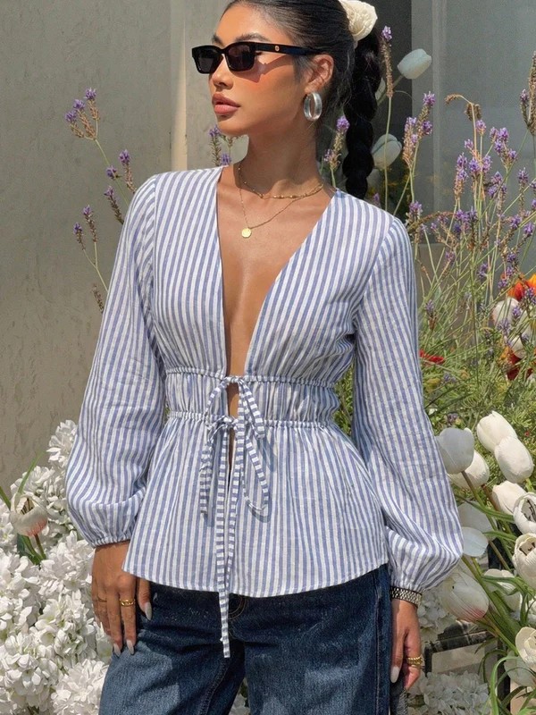 Blue-and-white-striped drawstring waist shirt