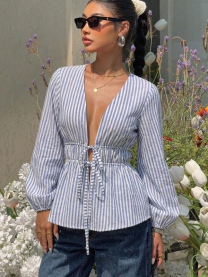 Blue-and-white-striped drawstring waist shirt