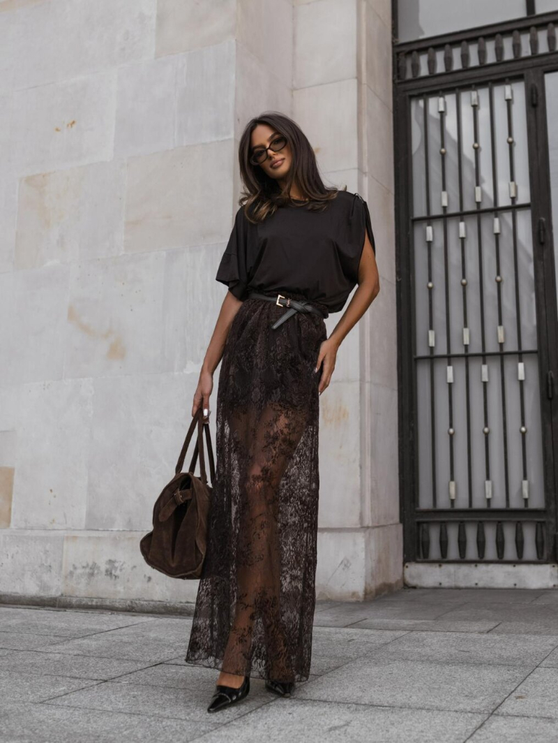 Woman's Sheer Lace Maxi Skirt with Floral Pattern