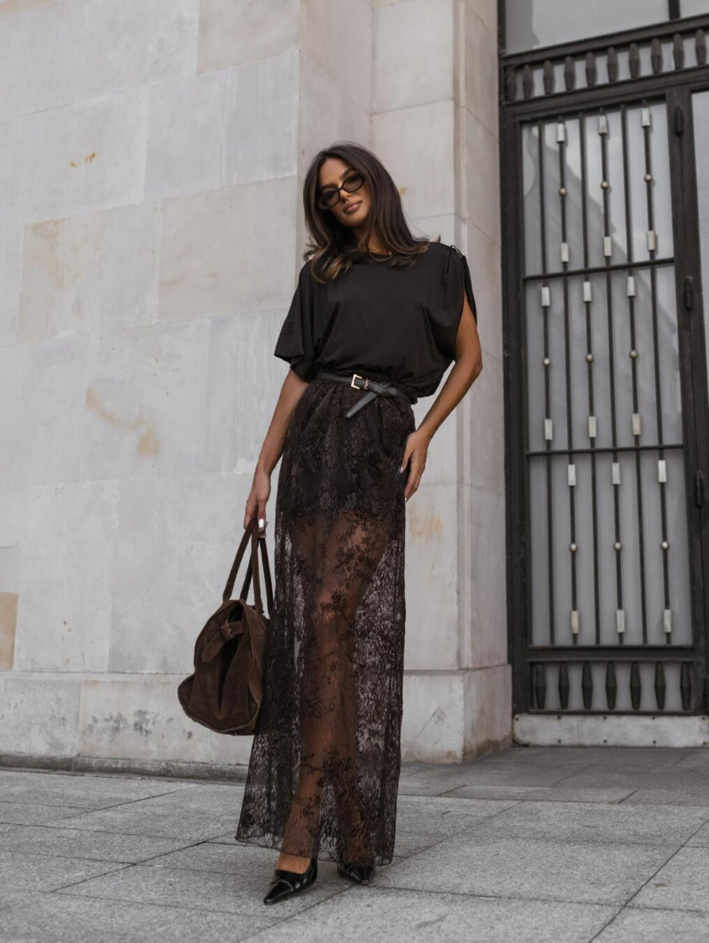 Woman's Sheer Lace Maxi Skirt with Floral Pattern