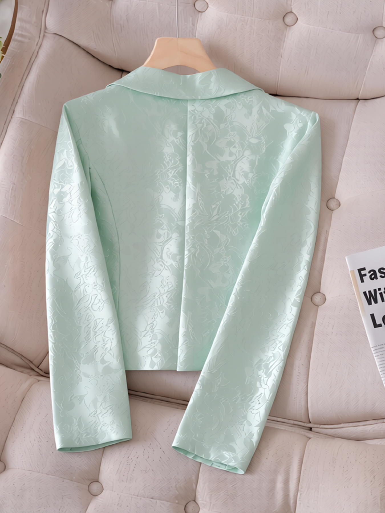 Woman's Jacquard Waist-Cinched Blazer : Pearl Button Elegant Commute Blazer