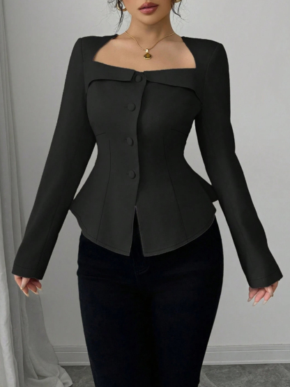 Woman's French Chic Wide Lapel Waist-Cinching Slimming Chanel-Inspired Blouse-Aegean-sea