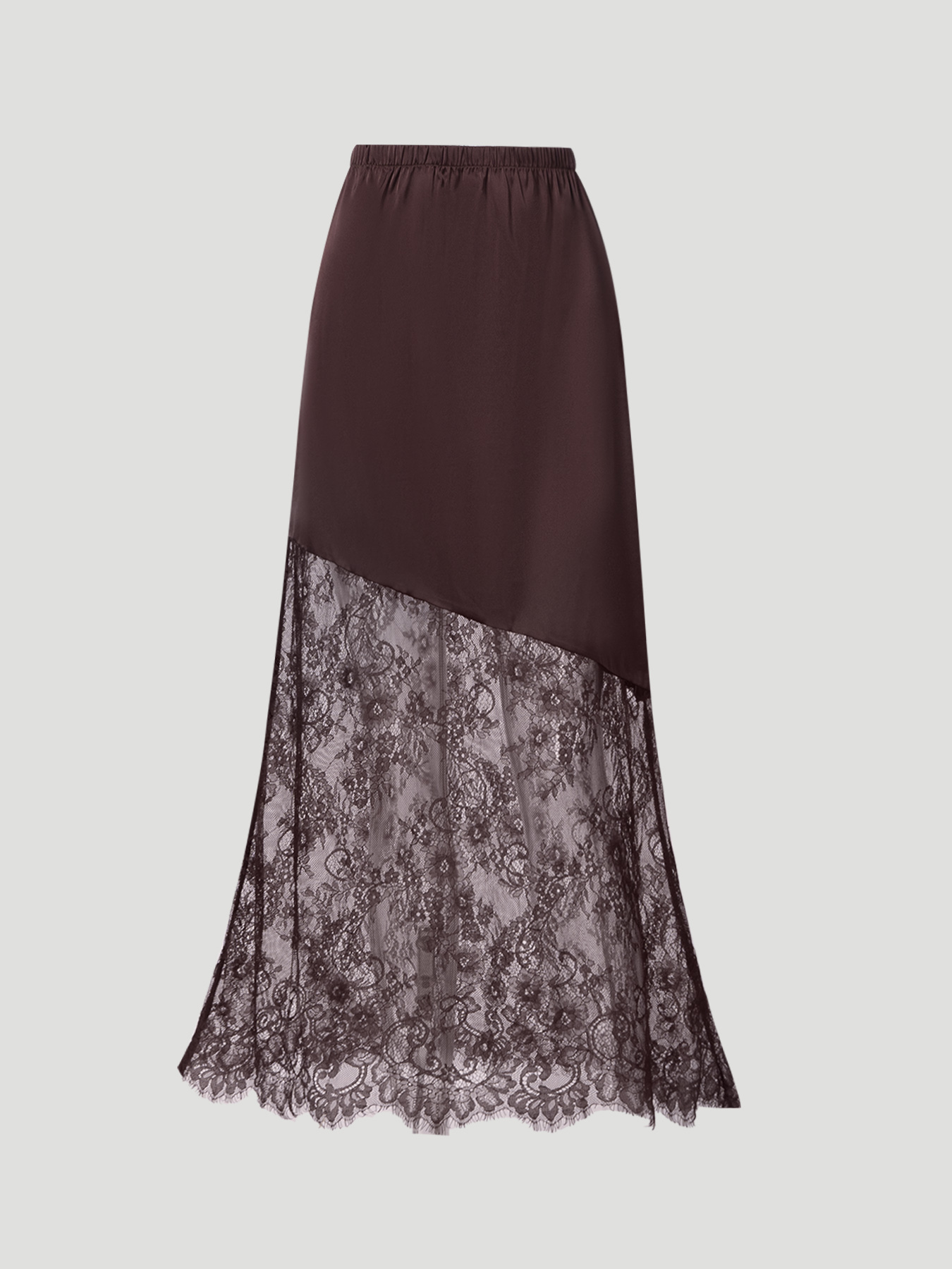 Falda corta de encaje de satén marrón oscuro Falda larga de cintura alta y falda irregular Falda de encaje A para cenas y citas