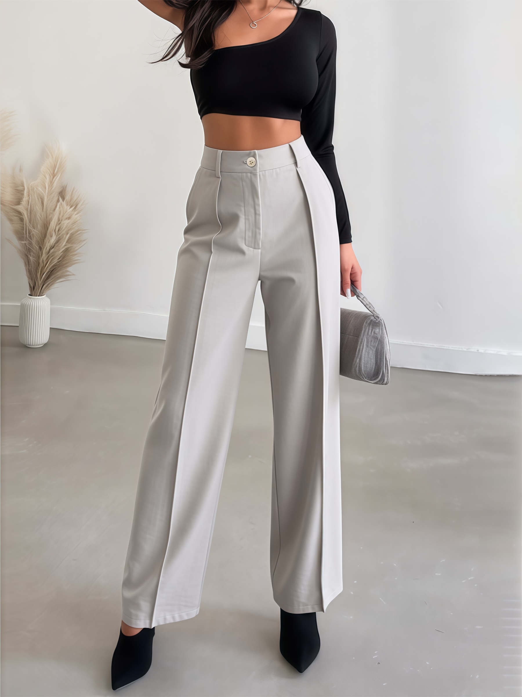 Pantalones anchos plisados de cintura alta de color gris claro para mujer-Aegean-sea