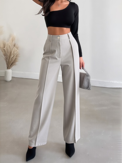 Pantalones anchos plisados de cintura alta de color gris claro para mujer-Aegean-sea