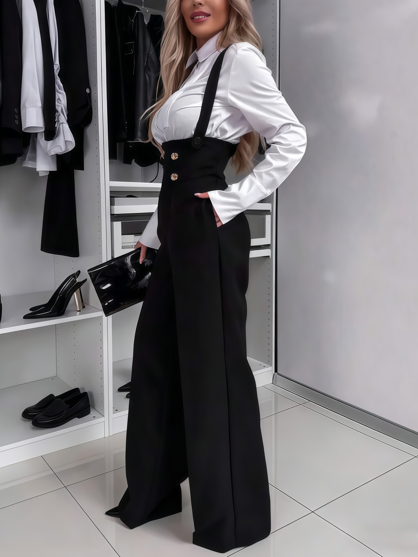 Woman's Decorative Double-Breasted High-Waist Suspender Wide-Leg Pants-Aegean-sea