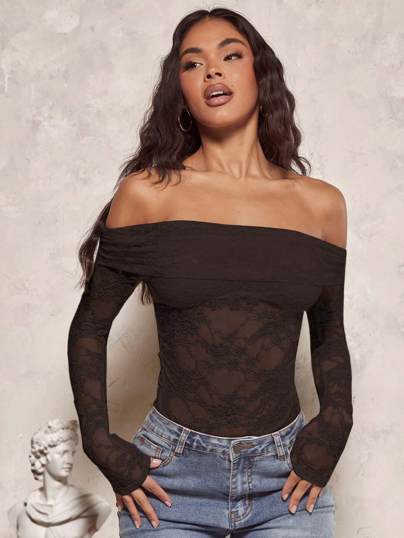 Brown single-shoulder lace through long-sleeved tailored top