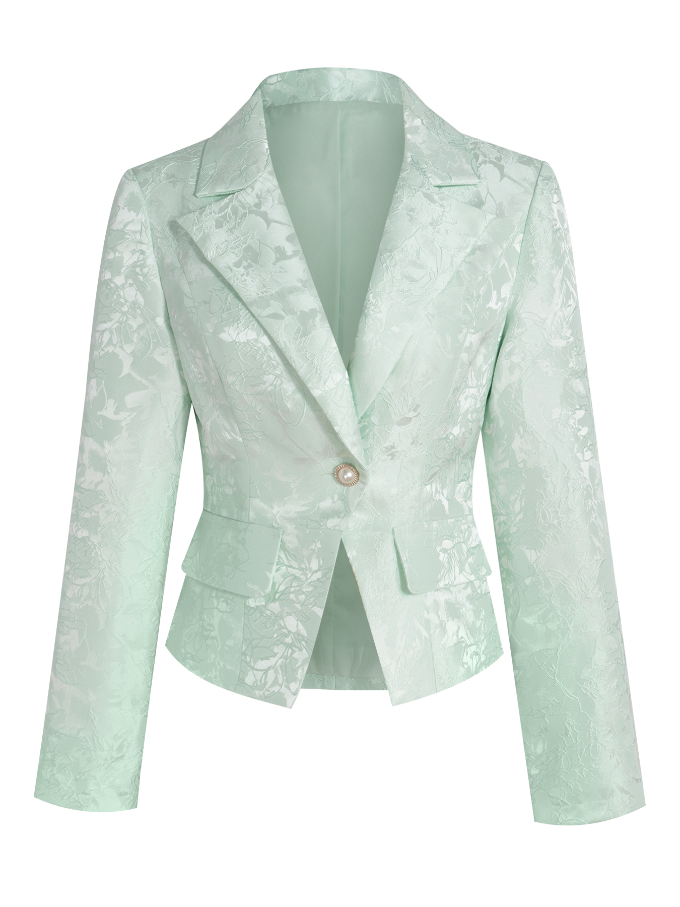 Woman's Jacquard Waist-Cinched Blazer : Pearl Button Elegant Commute Blazer