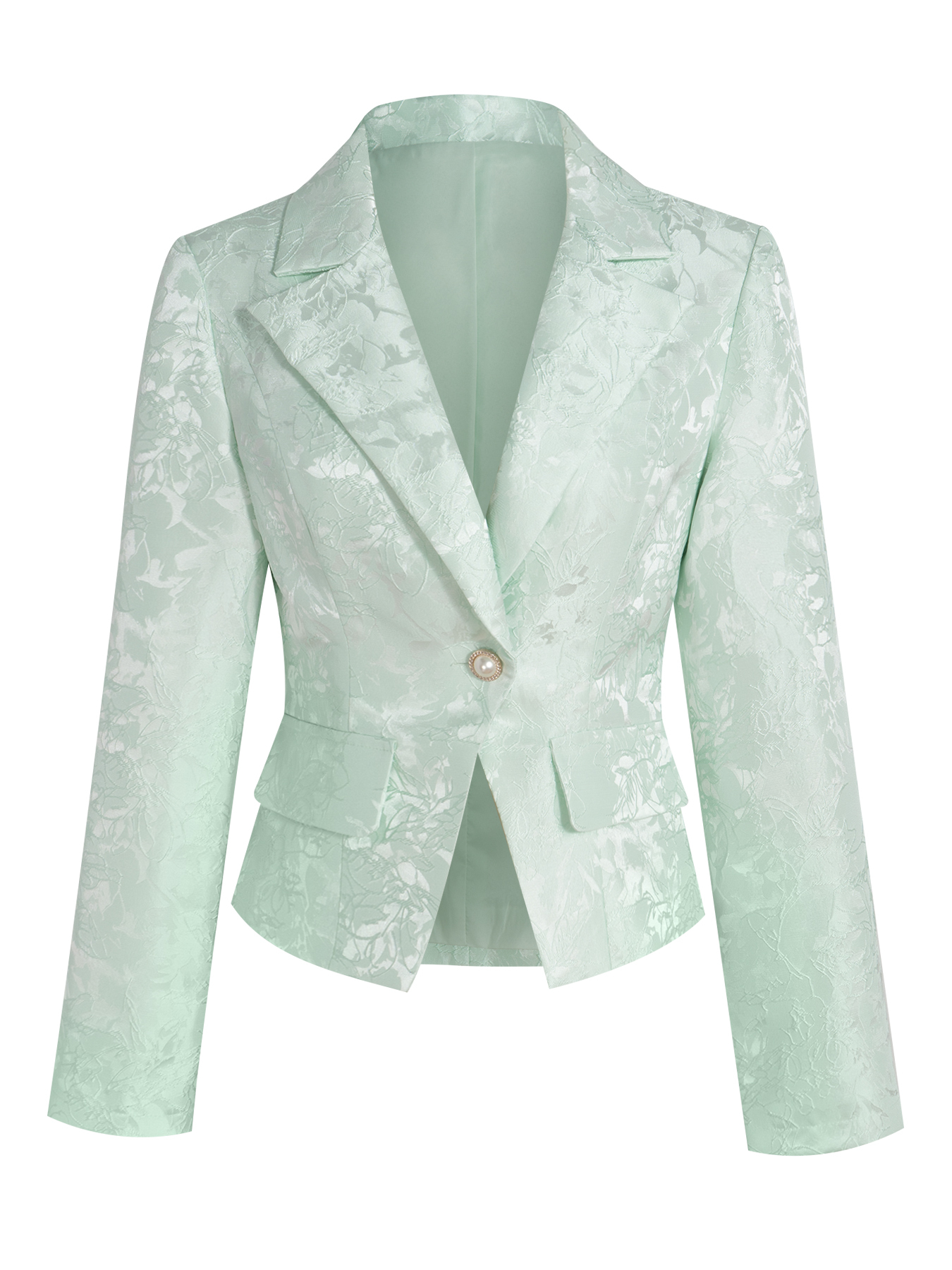 Woman's Jacquard Waist-Cinched Blazer : Pearl Button Elegant Commute Blazer