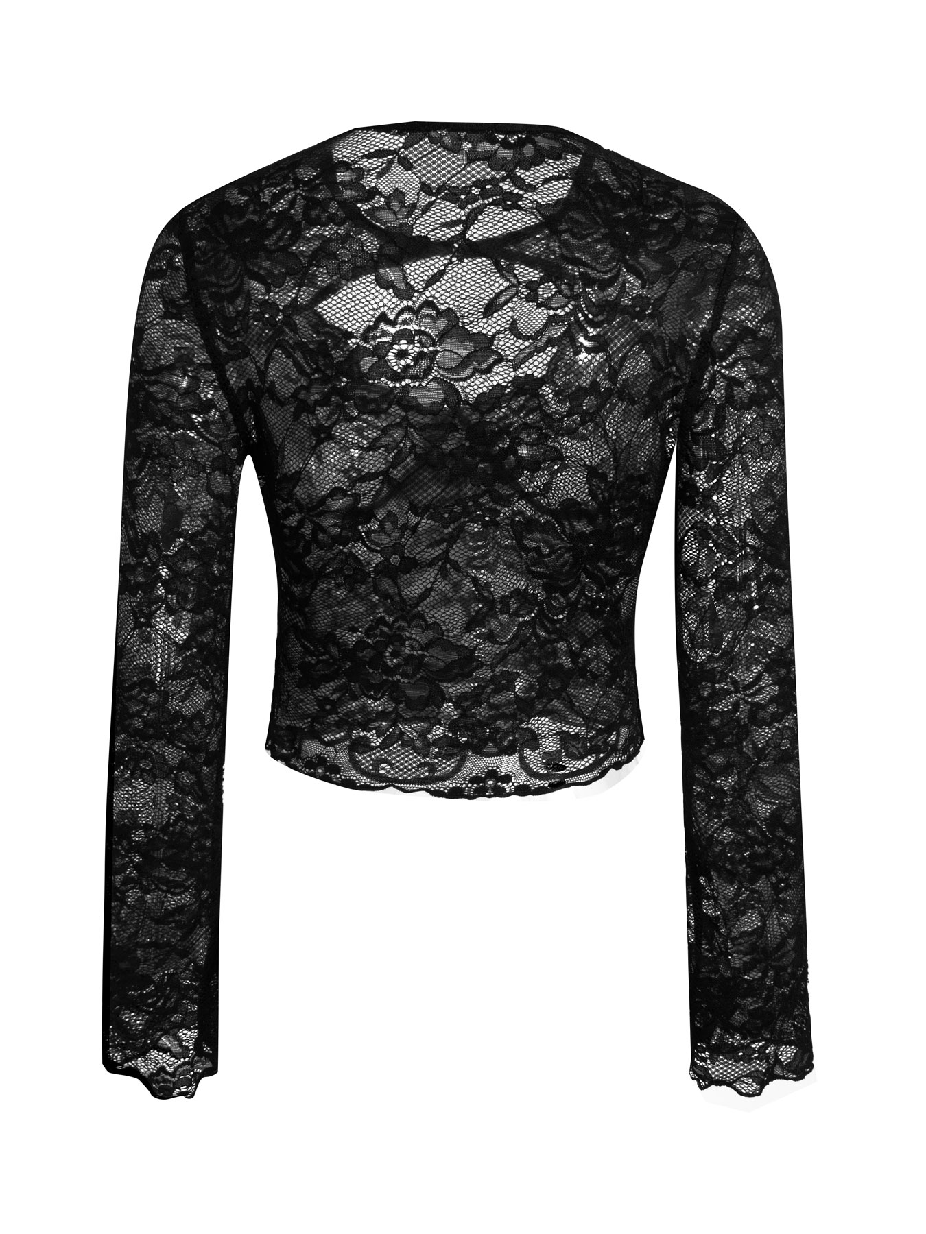 Woman's Black Lace Chest Cutout Cropped Top | Sexy Deep V Fitted Long-Sleeve Hot Girl Inner Wear-Aegean-sea