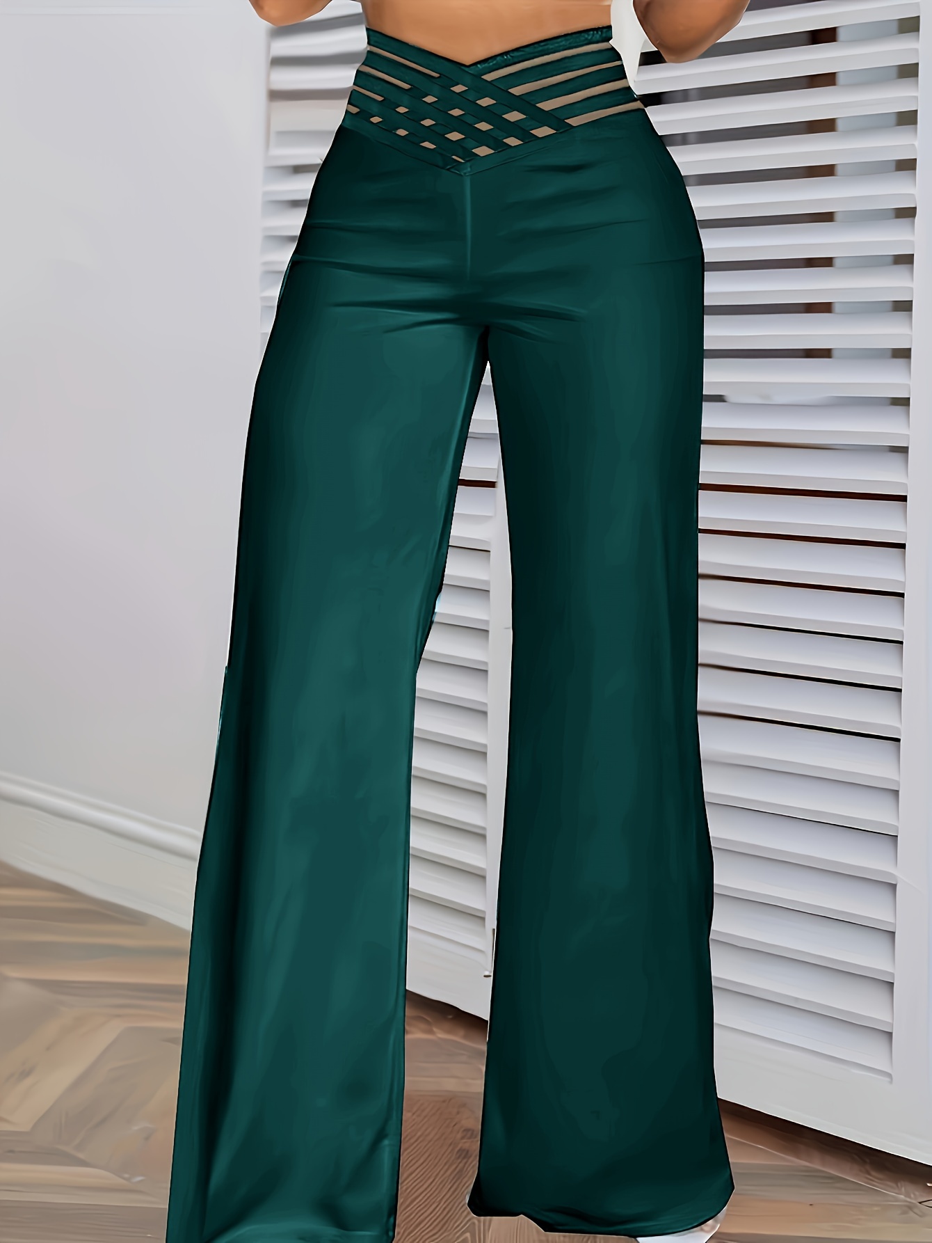 Women's Blue Wide-Leg Pants with Crisscross Waist Detail-Aegean-sea