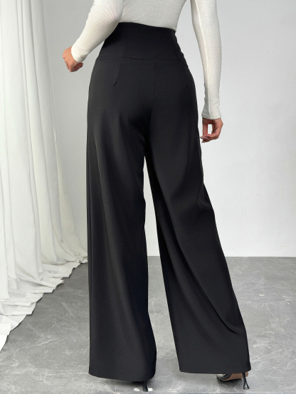 Women's Black High-Waisted Wide-Leg Pants with Gold Button Detail-Aegean-sea