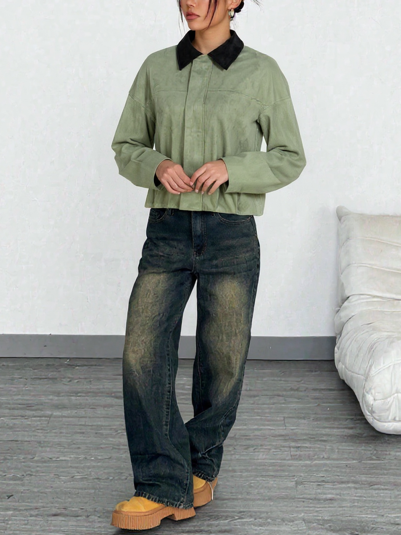 Black and green contrasting reversal suede shirt Loose long-sleeved jacket jacket jacket