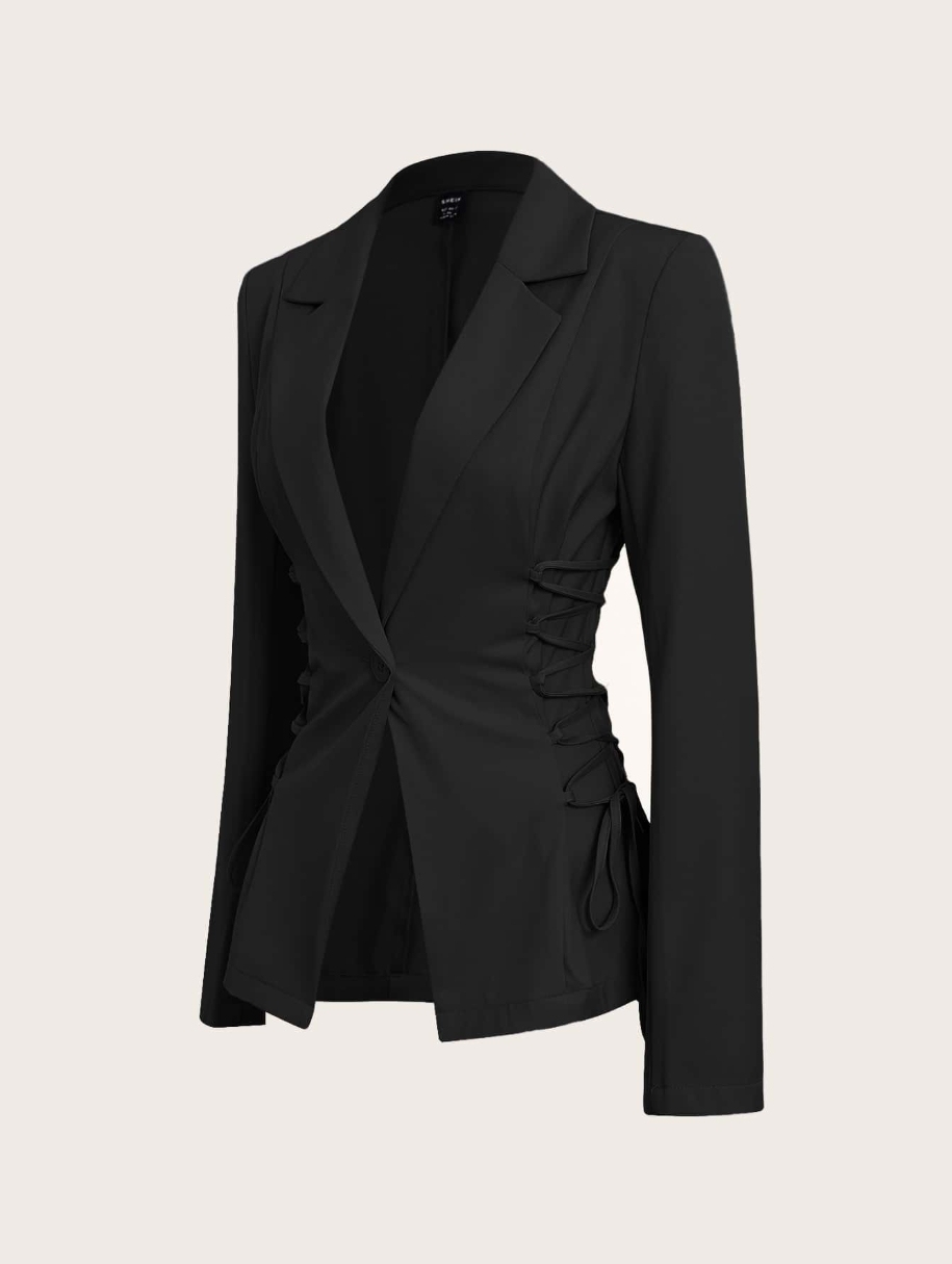Woman's Black Lace-Up Waist Tailored Blazer-Aegean-sea