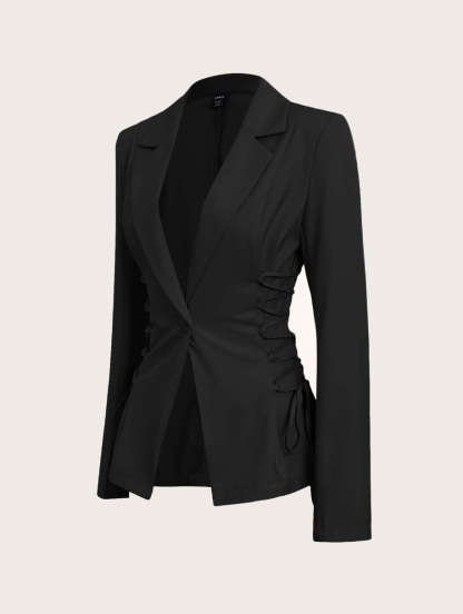 Woman's Black Lace-Up Waist Tailored Blazer-Aegean-sea