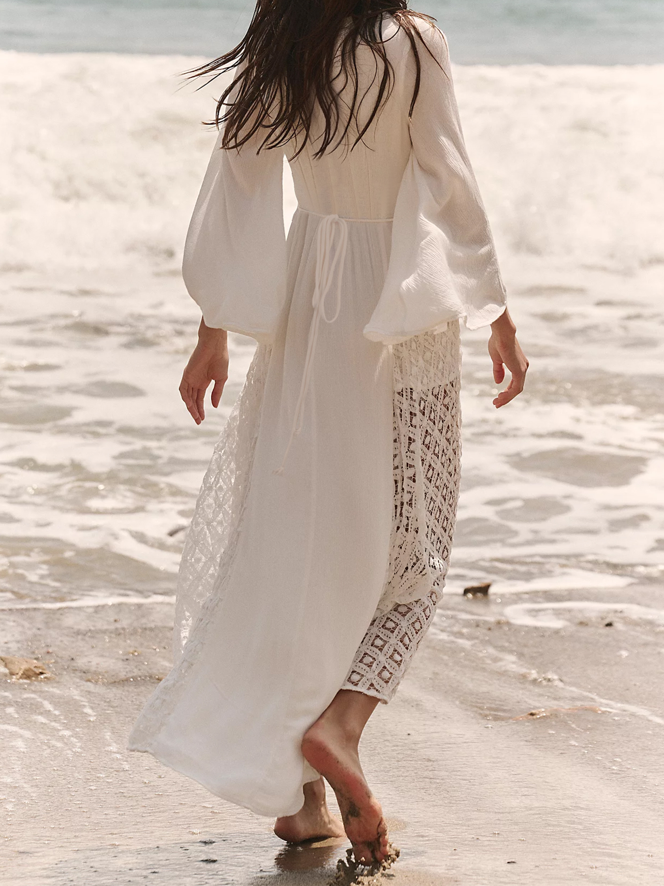 Women's Boho V Neck Long Sleeve Crochet Lace Side Maxi Dress with Tie Back