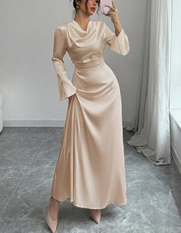 Light Beige Satin Cowl Neck Maxi Dress with Bell Sleeves and Drawstring Waist-Aegean-sea
