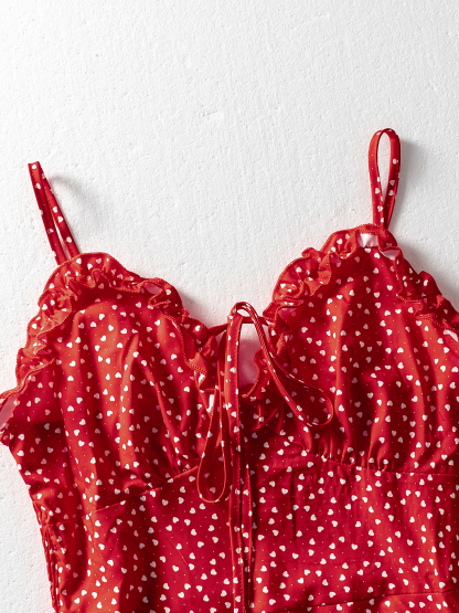 Woman's Red Heart Print Spaghetti Strap Sweetheart Neck Mini Dress-Aegean-sea