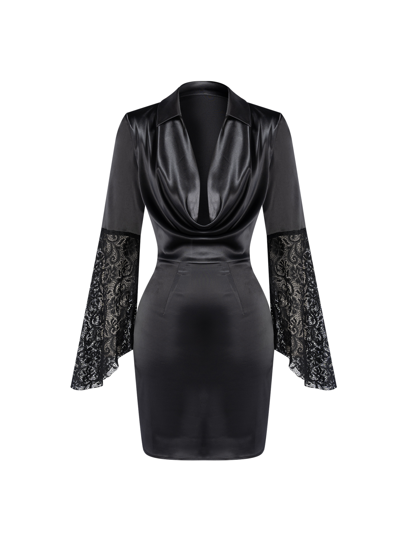 Woman's Black Satin Cowl Neck Collared Lace Bell Sleeve Bodycon Mini Dress