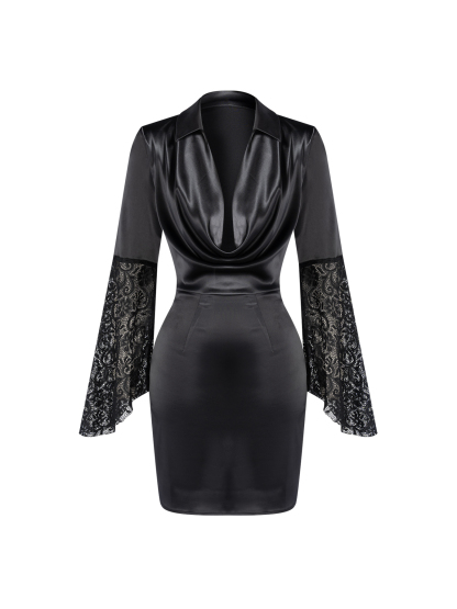 Woman's Black Satin Cowl Neck Collared Lace Bell Sleeve Bodycon Mini Dress