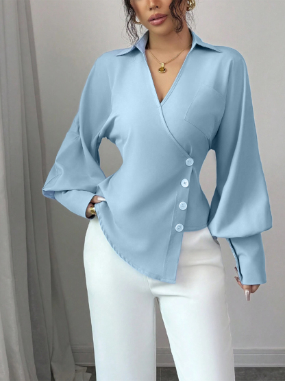 Woman's Light Blue Wrap Blouse with Ruffled Waist, Puff Sleeves and Side Buttons-Aegean-sea