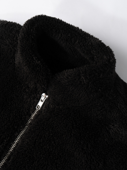 Chaqueta Fuzzy negra de cuello alto con cremallera para mujer-Aegean-sea