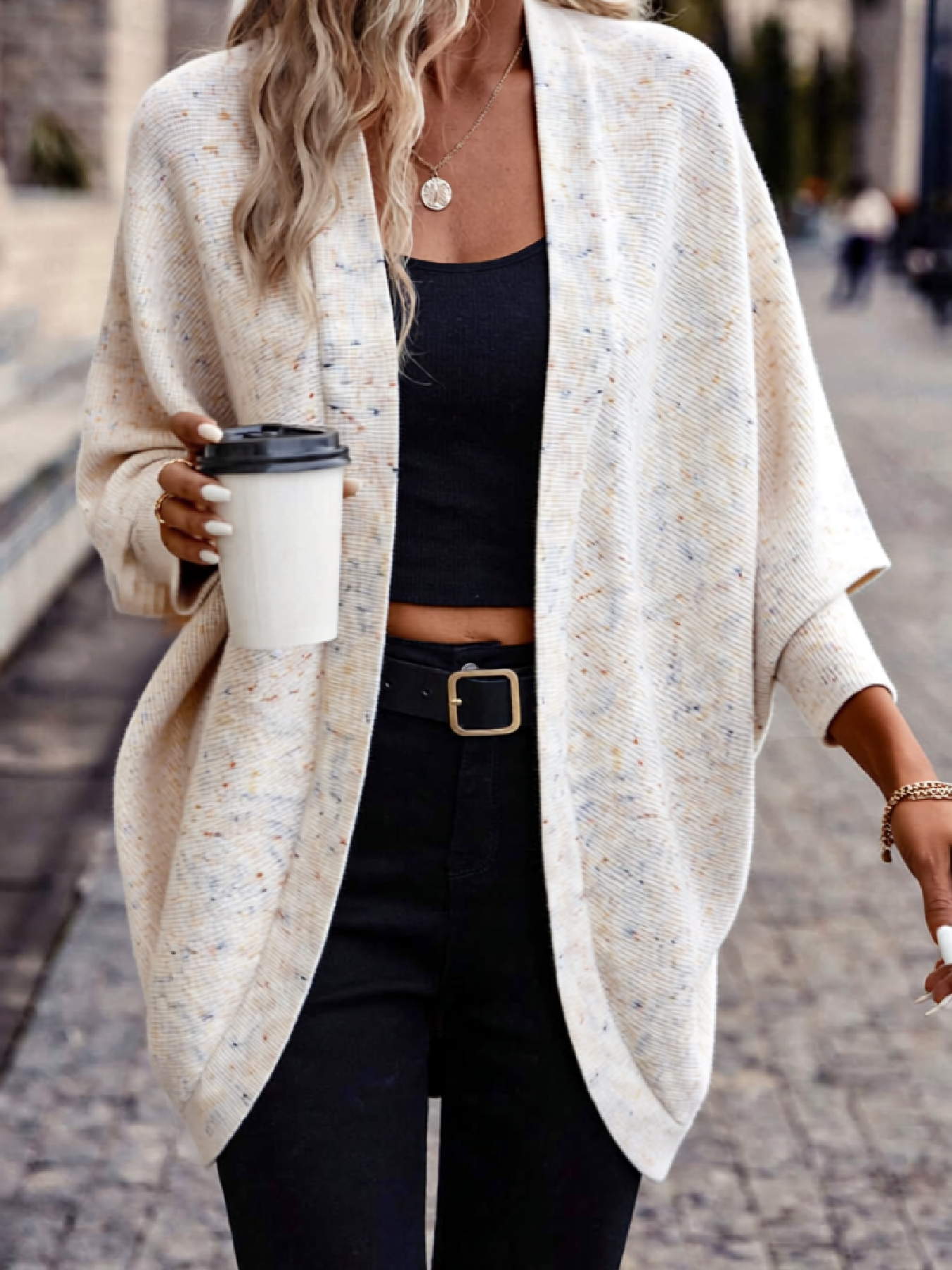 Cárdigan de punto moteado de frente abierta para mujer con mangas batwing-Aegean-sea