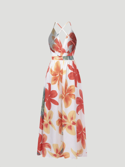 Tropical Floral V-Neck Camisole Maxi Dress