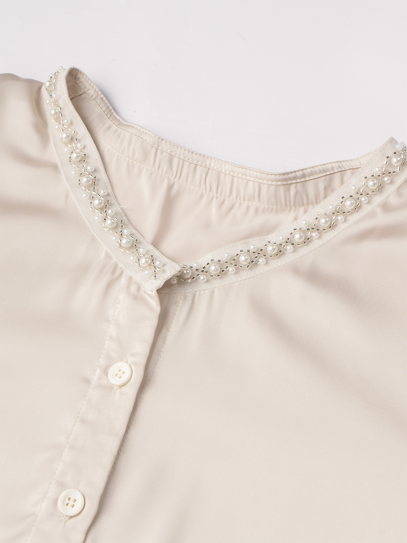 Beige Satin V-Neck Blouse with Pearl Trim-Aegean-sea