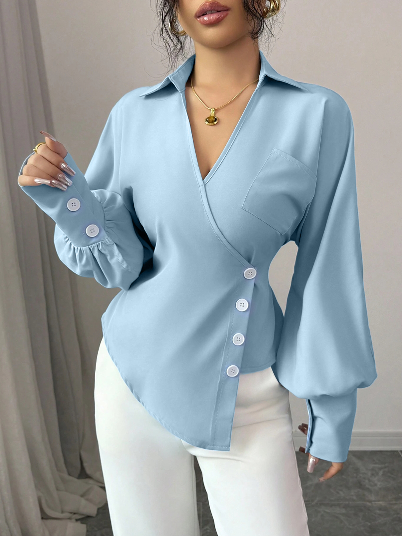 Woman's Light Blue Wrap Blouse with Ruffled Waist, Puff Sleeves and Side Buttons-Aegean-sea