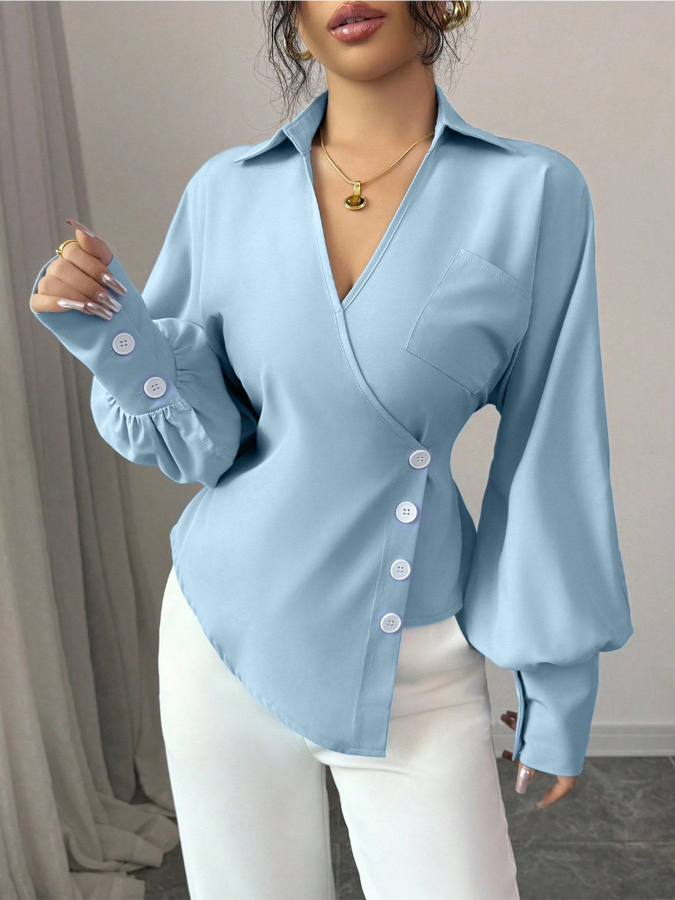 Woman's Light Blue Wrap Blouse with Ruffled Waist, Puff Sleeves and Side Buttons-Aegean-sea