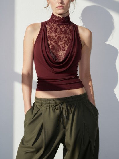 2026 Spring/Summer New Arrival: Sexy, Fashionable, Casual, Sleeveless, Faux Two-Piece High-Neck Lace-Trimmed Vest