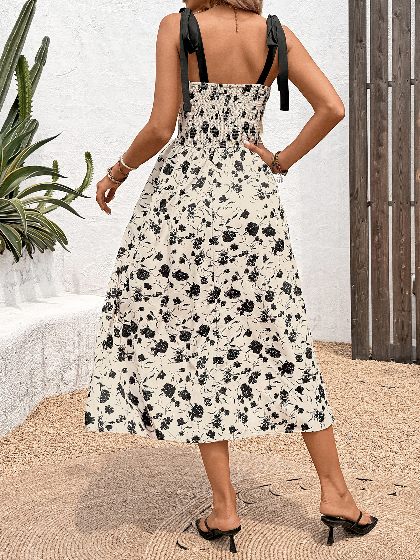 Women's Black and White Floral Print Spaghetti Strap Midi Dress-Aegean-sea
