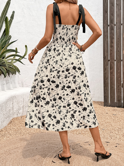 Women's Black and White Floral Print Spaghetti Strap Midi Dress-Aegean-sea