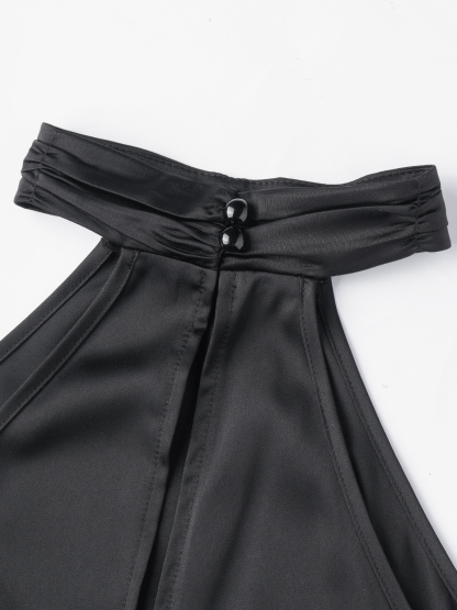 Black satin slingback vest, asymmetric lace stitching sleeveless top with asymmetric hem