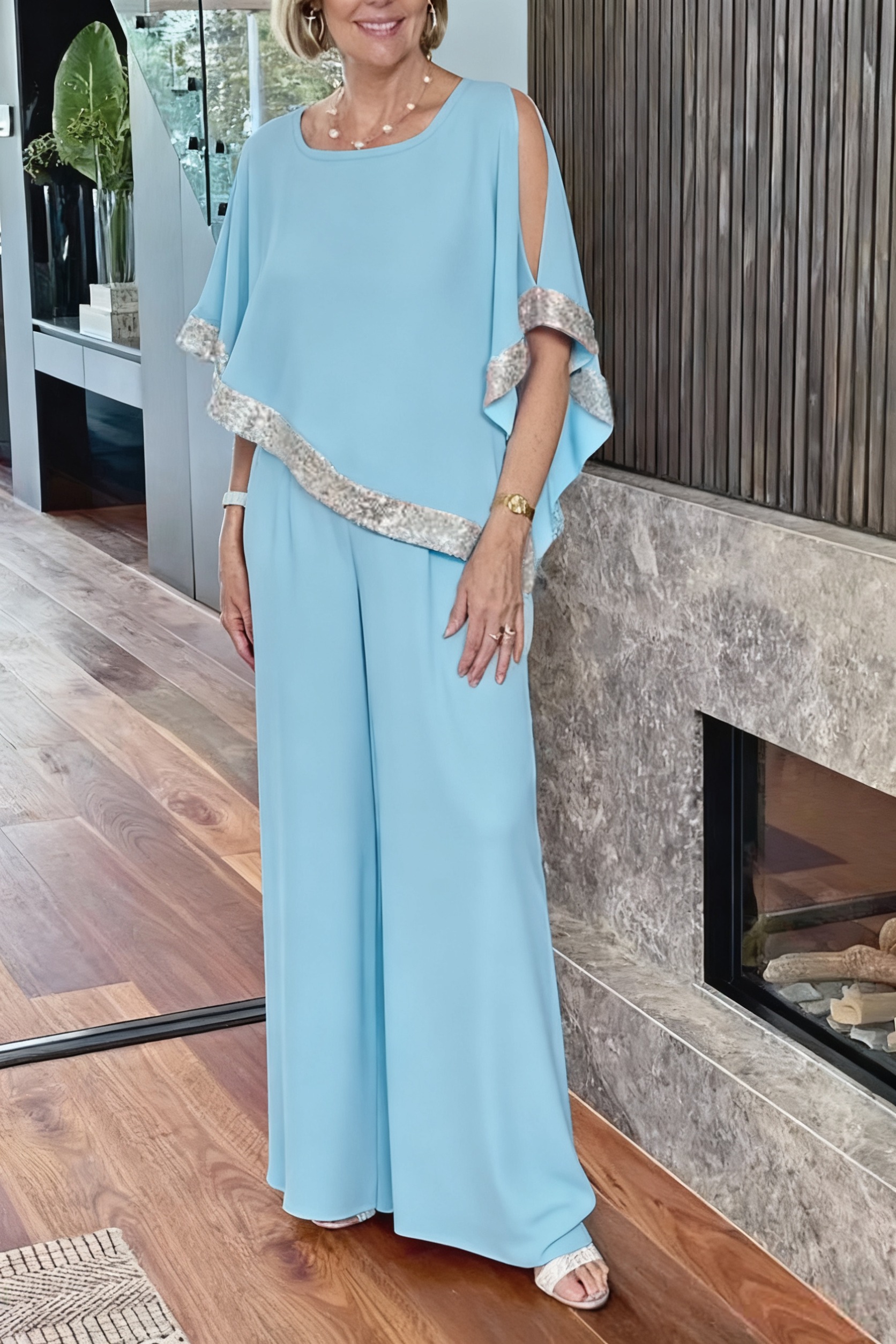 Pink sequined wide-legged suit, elegant temperament two-piece suit