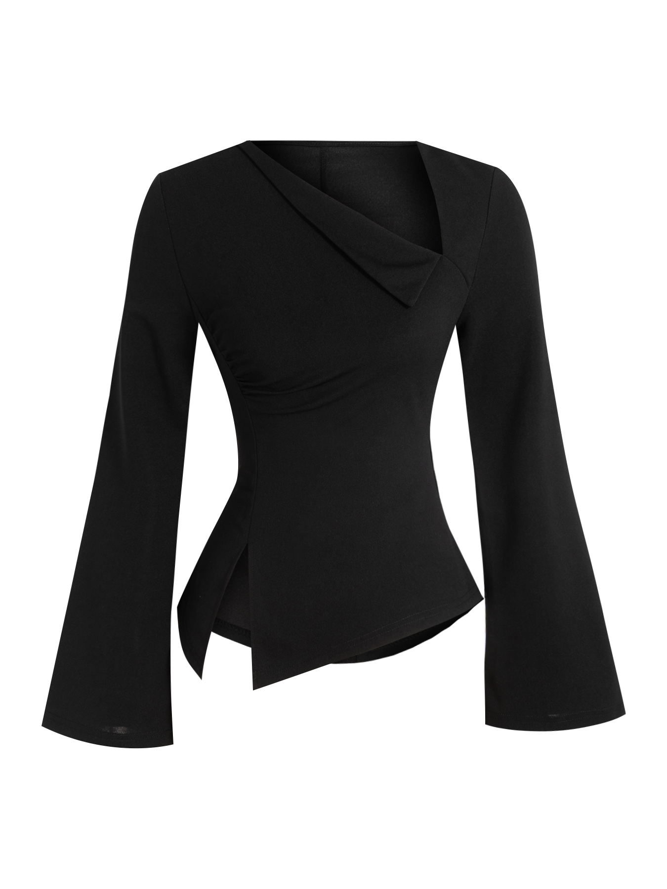 Camiseta con mangas acampanadas asimétricas de cuello para mujer con espalda de lazo y dobladillo de peplum-Aegean-sea